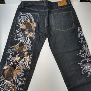 Muka Black denim Jeans With Embroidered Koi Fish size 42 x 32